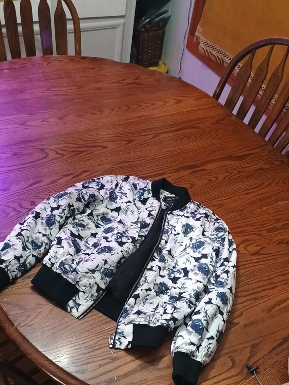 Forever 21 Floral Bomber Jacket - White & Navy